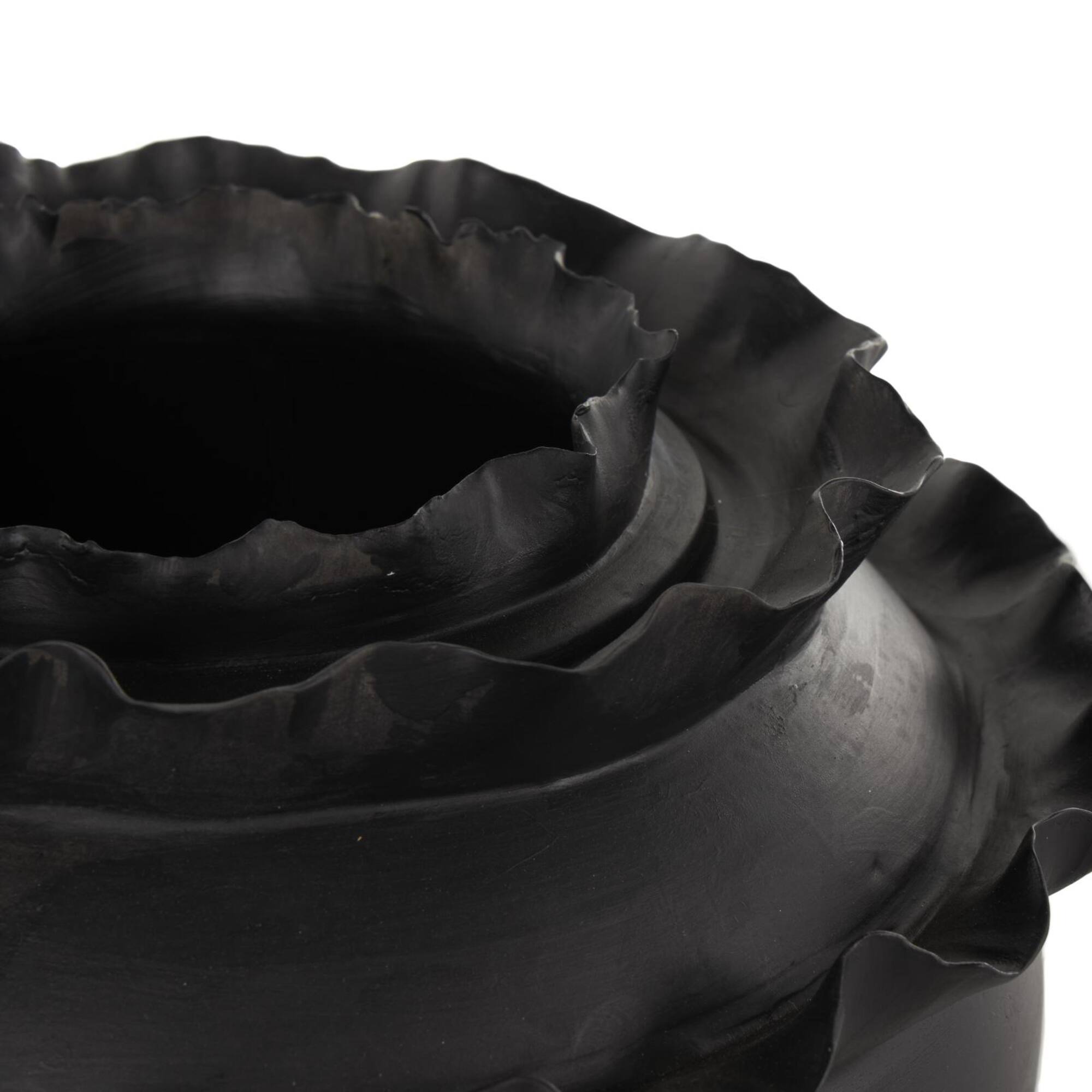 11.5" Black Wide Abstract Floral Ceramic Vase with Layered Petals